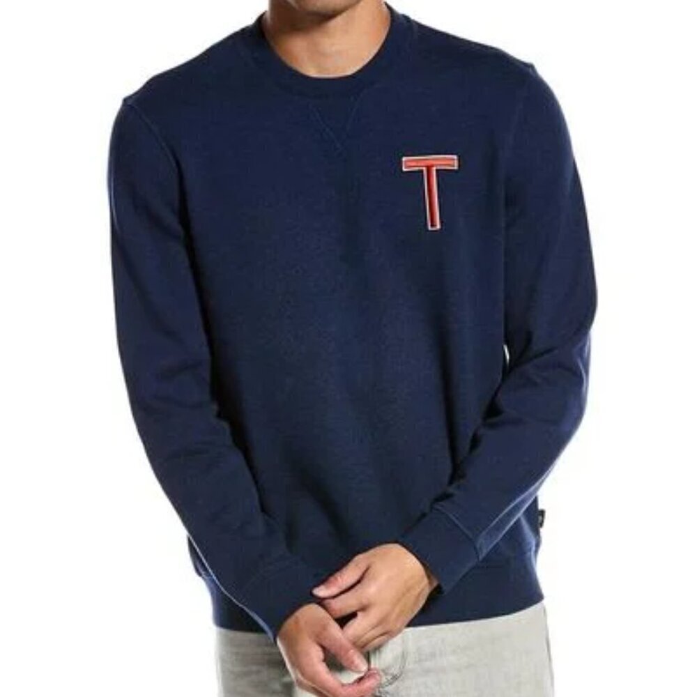 TED BAKER WELLOE Round Neck Chest Logo Cotton Navy Blue Varsity Sweatshirt Sz M